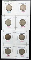 8 LIBERTY "V" NICKELS: 1893, 1900, 1902-1907