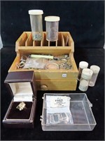WOOD BOX WITH ASSORTED JEWELRY PARTS