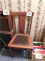 Antique T back oak dining chair with leather