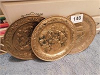 Three vintage brass round wall plates 16.5":
