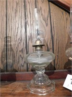 Antique heavy glass base oil lamp, base is 9"