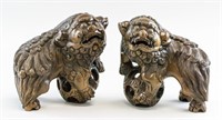Pair Chinese Rosewood Carved Lions with Ball