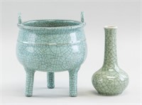 Lot of Two Japanese Ceramic Crackle Censer & Vase