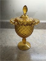 Amber ruffle glass candy dish with lid