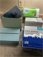Lot of copy paper, puffs tissues and box of sortes
