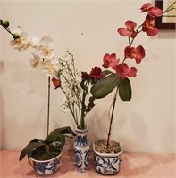193 - LOT OF 3 ARTIFICIAL ORCHIDS IN BLUEWARE