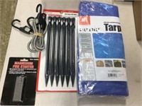 TARP, STAKES, BUNGEE CORDS, FIRE STARTER