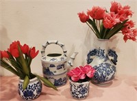 193 - ASIAN BLUEWARE & PINK FLOWERS