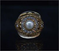 Sterling Silver Pearl & White Stone Ring