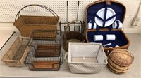 Baskets, bins, picnic basket lot