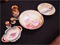 Six pieces of vintage china, mostly handpainted: