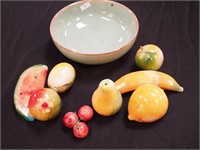 10 pieces of colorful stone fruit and a pottery