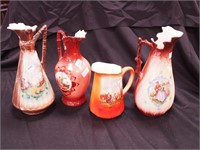 Four vintage decorated pitchers, all with people