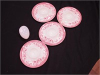Four egg saucers, 5" diameter, red English