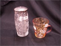 Cut glass sugar shaker, 5" high; plus crystal