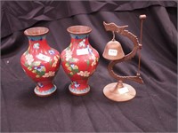 Pair of cloisonne 6" high vases with red ground;
