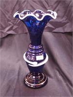 Cobalt blue glass vase with white opaque applied