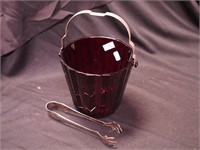 Anchor Hocking handled ruby red ice bucket with