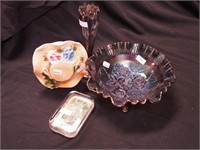 Luster carnival glass 8" footed bowl decorated