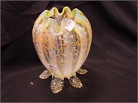 Footed vase, vaseline glass with enameled flowers,