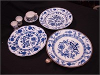 Six Blue Onion china items: warming plate, dinner