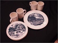 Nine pieces of  Currier & Ives china: 4 white