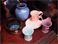 Three art pottery snack sets in pink, blue and