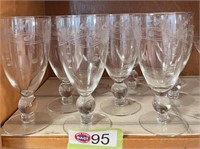 (9) ETCHED GLASS WATER GOBLETS, 6 1/2"