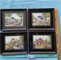 (4) FRAMED EMBROIDERY ENGLISH COTTAGES