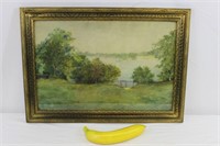 Vintage Framed Lake View Watercolor Painting