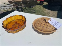 Ceramic Pie Container & Orange Glass Bowl