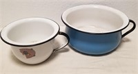 (2) Vintage Enamelware Soup Mug Pots