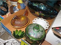 Carnival Glass Fruit Bowl; Small Jar; Nesting Hen