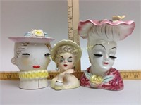 3 Ceramic Lady Head Vases Including Incarco