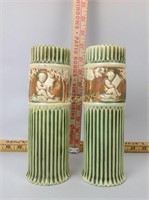 Roseville Pottery cylinder vases (x2) with cherubs