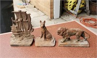 3 Cast Iron Bookends Lion Wolf Dog & Ship
