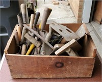 Wood Crate Full Of Yard Tools Trowels Hoes & More