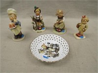 4 HUMMEL FIGURES & SMALL HUMMEL DISH: