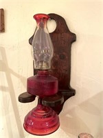 Red Oil Lamp and Wood Wall Holder for Lamp 19”