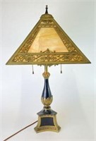Ornate Brass Lamp with Slag Glass Shade
