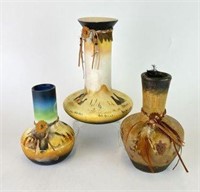 Hand Painted Pottery Vases with Leather & Feather