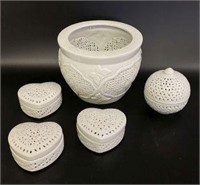 Reticulated Porcelain Planter & Trinket Boxes
