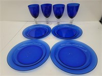 (4) Cobalt Blue Wine Glasses & (4) 9.5" Plates