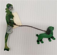 Vintage PRPAOOA flapper girl and dog pin,  green