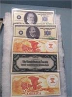 5 novelty bills: 3 ten thousand,  1 500,m dollar