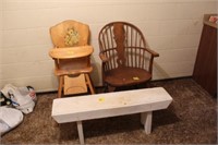 High-Chair, Wooden Bench & Arm Chair