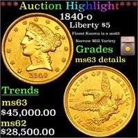 *Highlight* 1840-o Liberty $5 Graded ms63 details