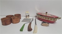 Vtg Carving Set, Leather Koozies, Tin And More