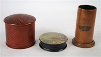 THREE LACQUER BOXES AND WOOD VASE