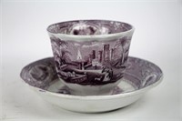 19TH C. TRANSFER HANDLELESS CUP AND SAUCER